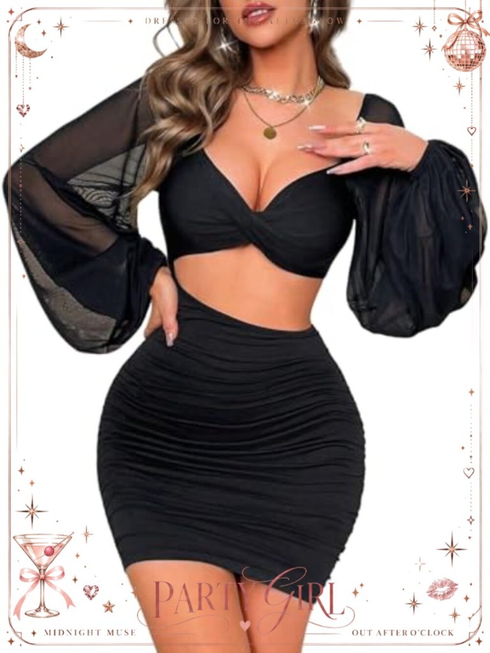Women's Mini Bodycon Dress Sweetheart Neck Cut Out Mesh Long Sleeve Gothic